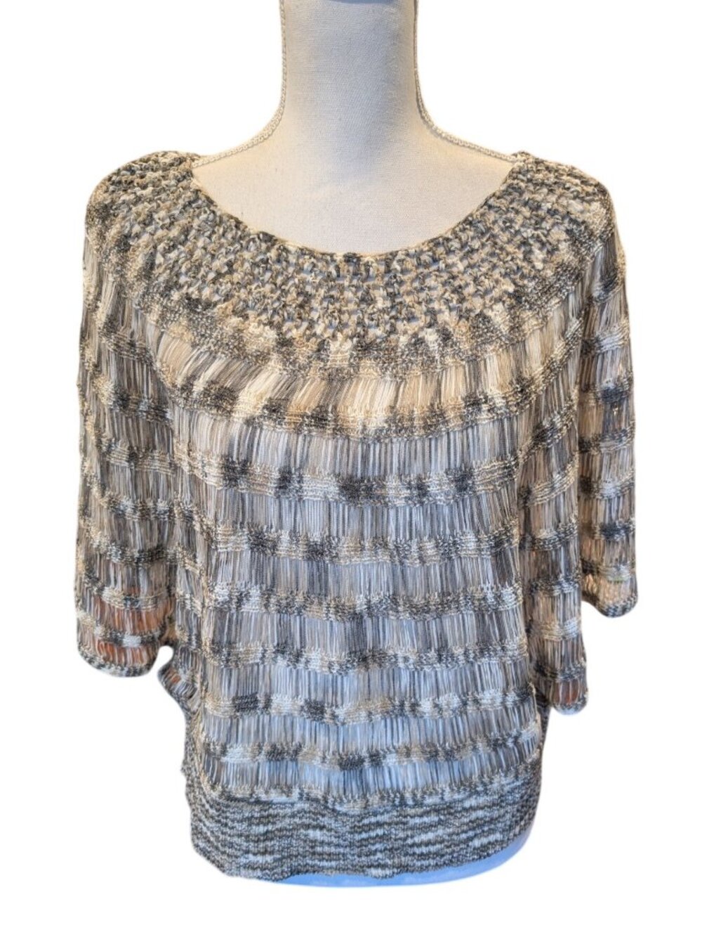 Fever Womens Grey Cream Striped Open Knit Dolman Sleeve Blouse Top PM